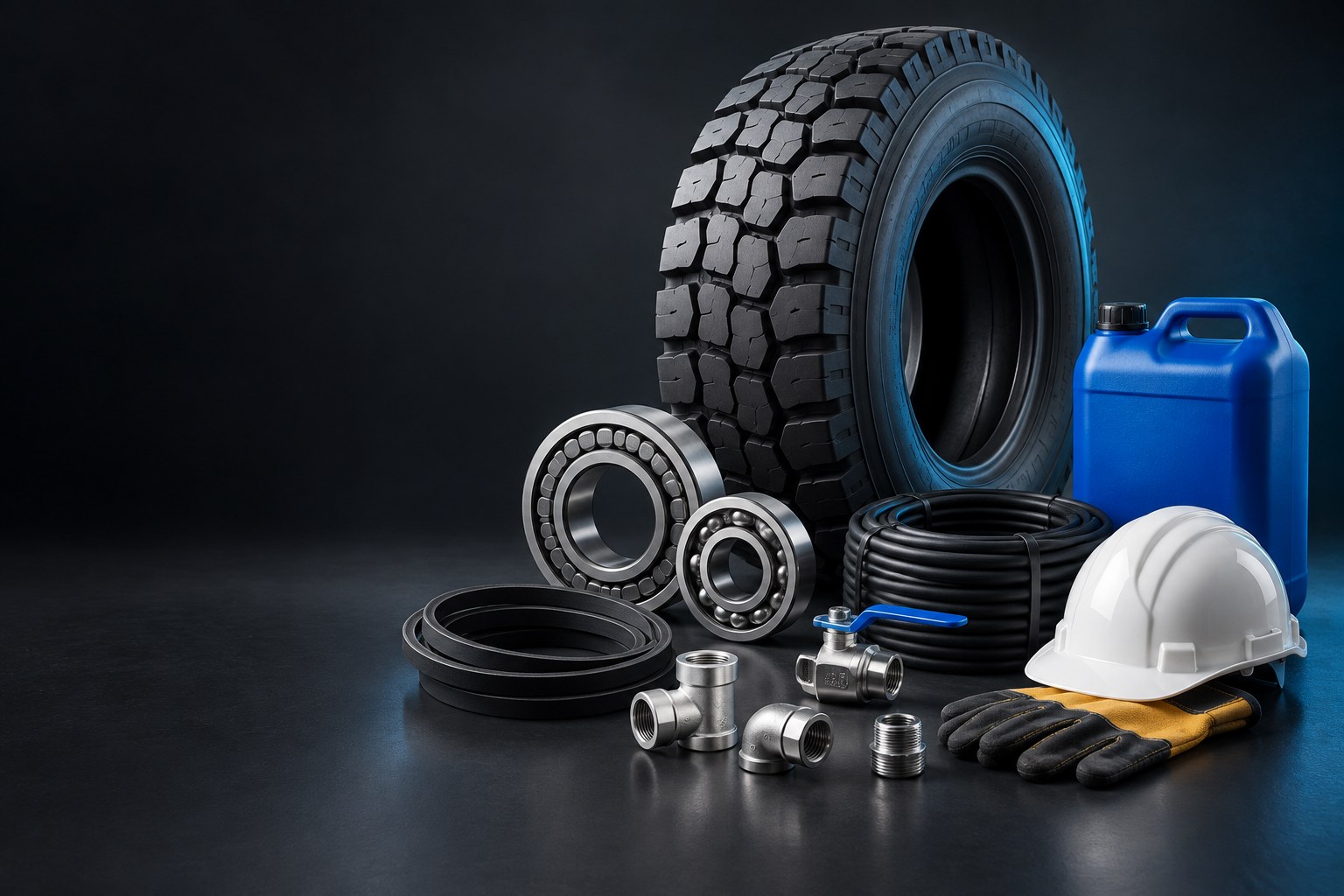 A selection of industrial product categories: tyre, bearings, pipe fittings, cable, safety equipment and lubricant container